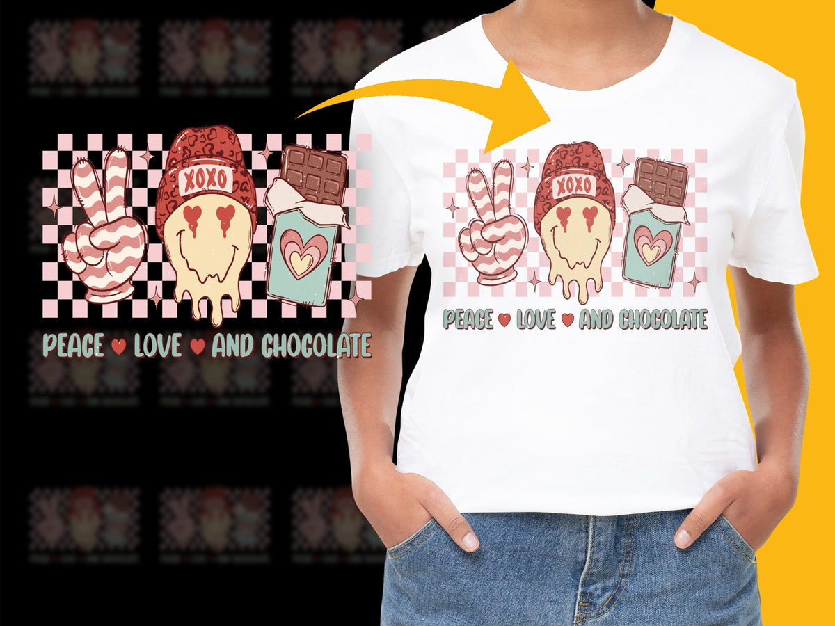 Peace Love and Chocolate T-Shirt, Valentine's Day Graphic Tee, Women's Cute Casual Top, Gift for Her