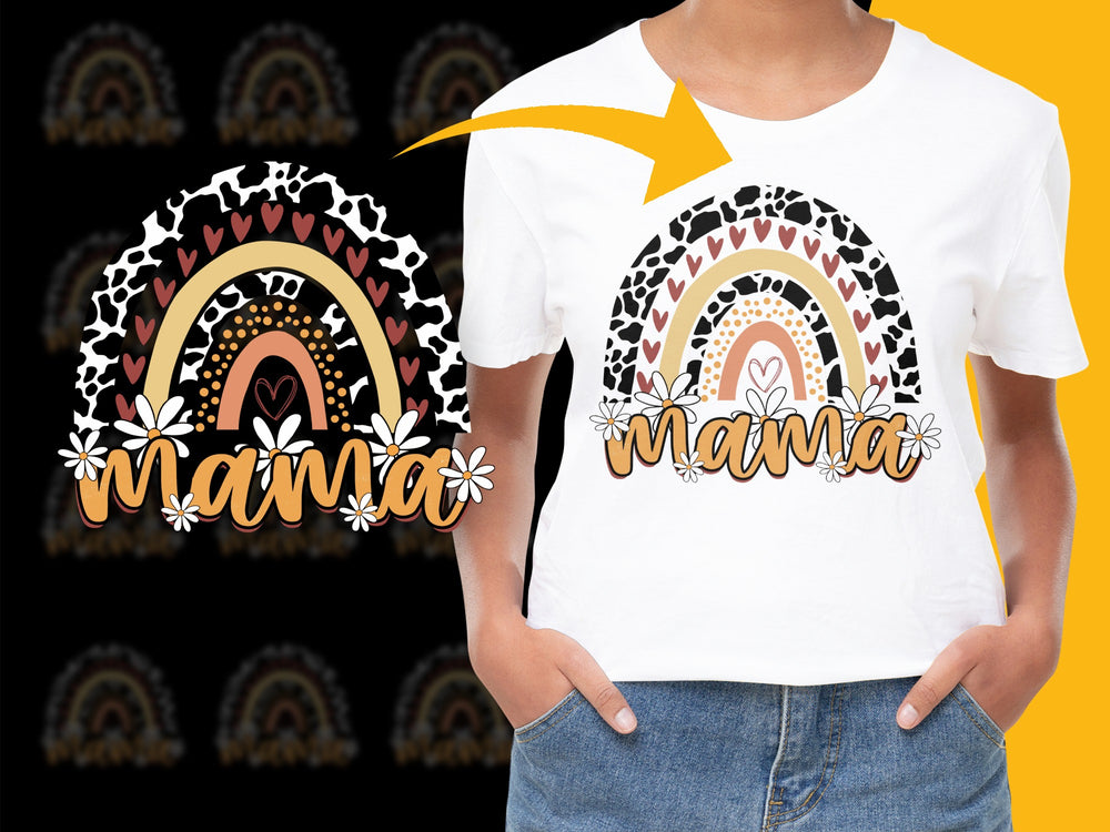 Mama Rainbow Graphic T-Shirt, Boho Chic Floral Design, Casual Women’s Fashion, Unique Mother’s Day Gift