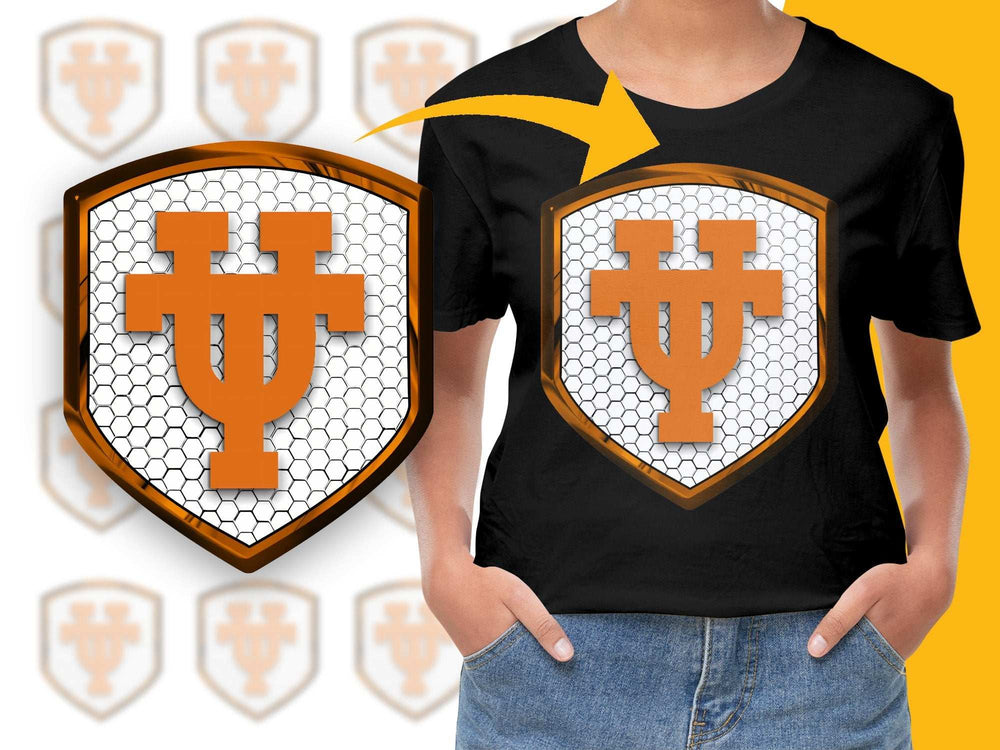 Stylish Black T-Shirt with Unique White and Orange Emblem Design, Casual Wear