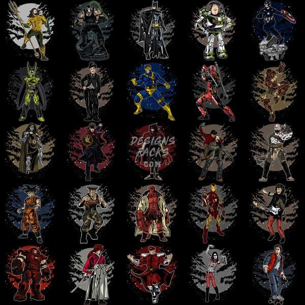 47 Pop culture Heroes Mix Designs Bundle PNG designspacks