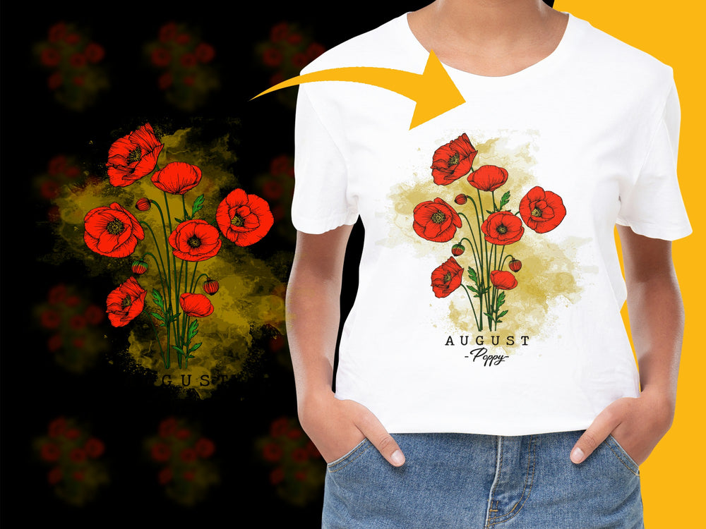 August Poppy Flower T-Shirt, Vintage Botanical Graphic Tee, Red Floral Print Shirt, Women's Casual Wear, Summer Fashion Top
