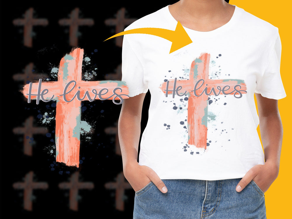 Women's Easter T-Shirt 'He Lives' Cross Design, Christian Faith Tee, Religious Spring Apparel