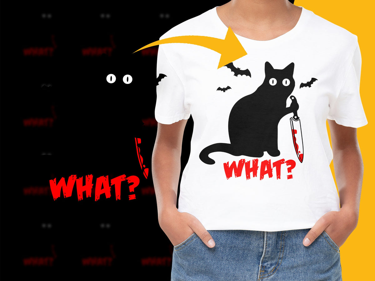Black Cat Halloween T-Shirt, Funny 'What?' Graphic Tee, Spooky Bats and Red Text, Unisex Casual Wear