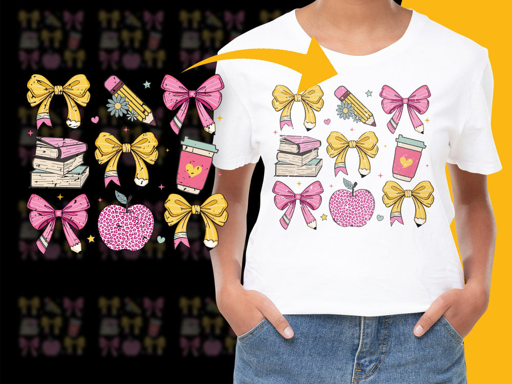 Kids Trendy Graphic T-Shirt with Colorful Books and Bows Design, Cute Casual Outfit