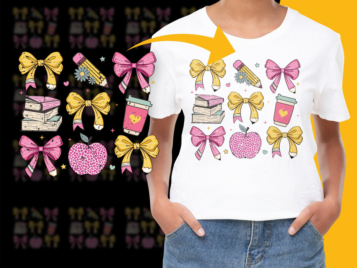Kids Trendy Graphic T-Shirt with Colorful Books and Bows Design, Cute Casual Outfit
