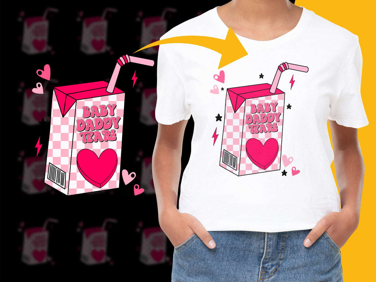 Baby Daddy Care Graphic T-Shirt, Pink Milk Carton Design, Cute Heart Motif, Casual Fashion Tee