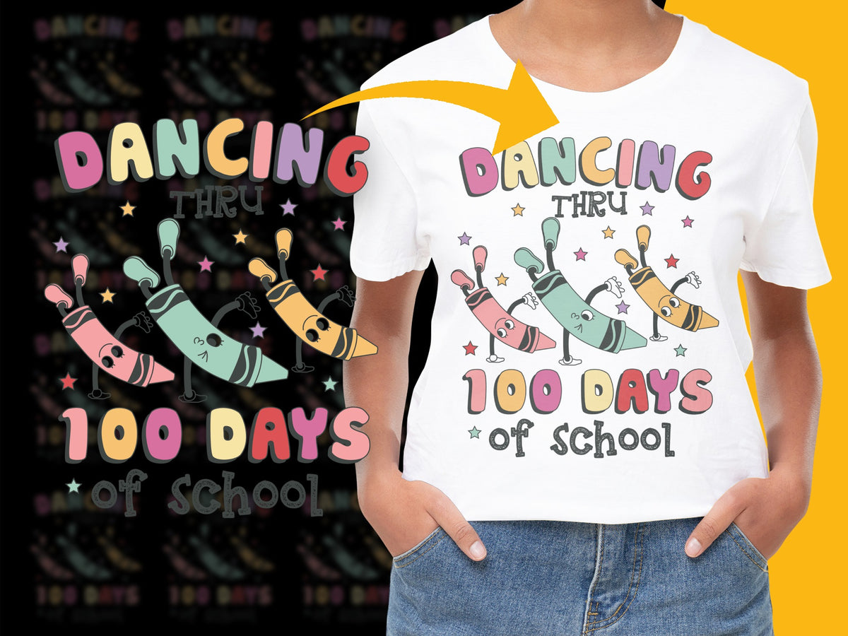 Kids 100 Days of School T-Shirt, Colorful Dancing Characters, Celebration Tee, Educational Top, Fun School Event, Bright Youth Shirt