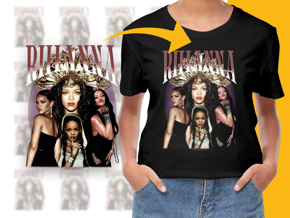 Designer Inspired Rihanna Collage T-Shirt, Pop Icon Music Star Graphic Tee, Stylish Black Shirt for Fans