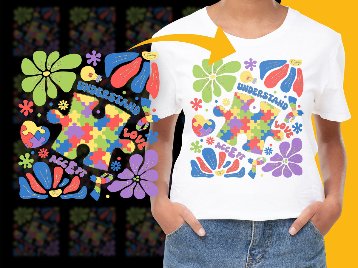 Colorful Autism Awareness Puzzle Pieces T-Shirt, Love Accept Understand Graphic Tee