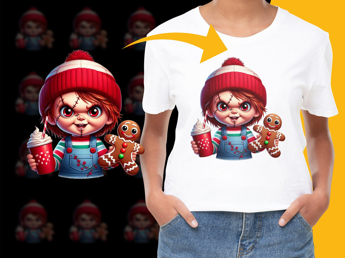 Christmas T-Shirt with Cute Cartoon Girl, Hot Cocoa, and Gingerbread, Festive Holiday Apparel