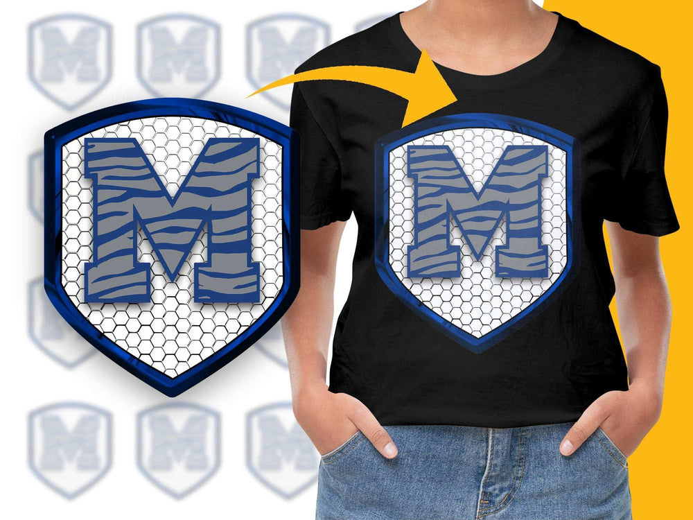 Boys Monogram M Superhero Shield Graphic T-Shirt, Custom Initial Kids Tee, Personalized Blue Emblem Shirt, Birthday Gift Idea