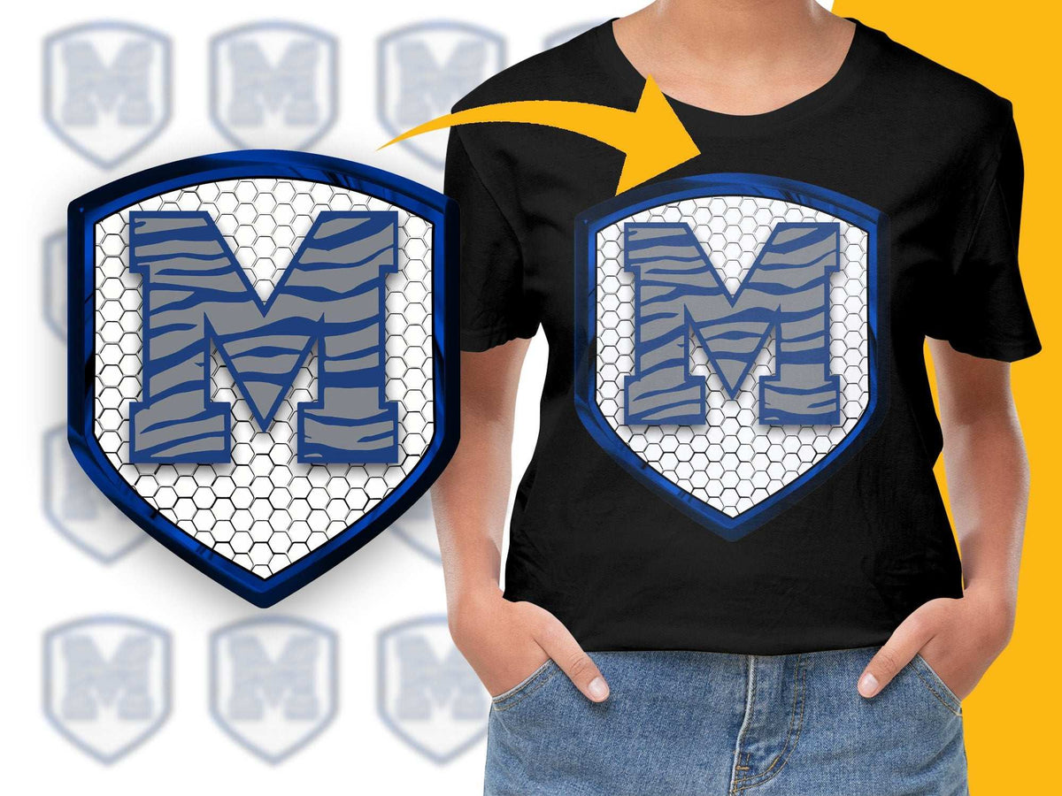 Boys Monogram M Superhero Shield Graphic T-Shirt, Custom Initial Kids Tee, Personalized Blue Emblem Shirt, Birthday Gift Idea