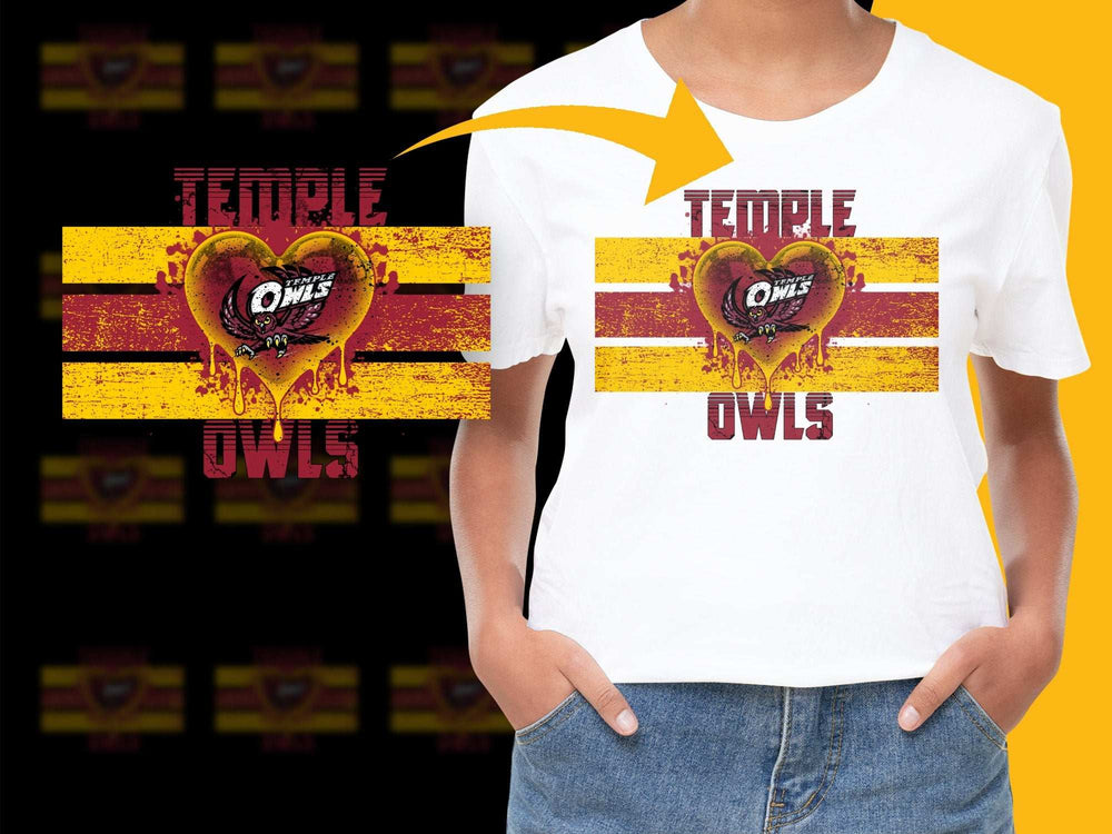 Temple Owls T-Shirt, Heart Design, College Team Support, Yellow Red Graphic Tee