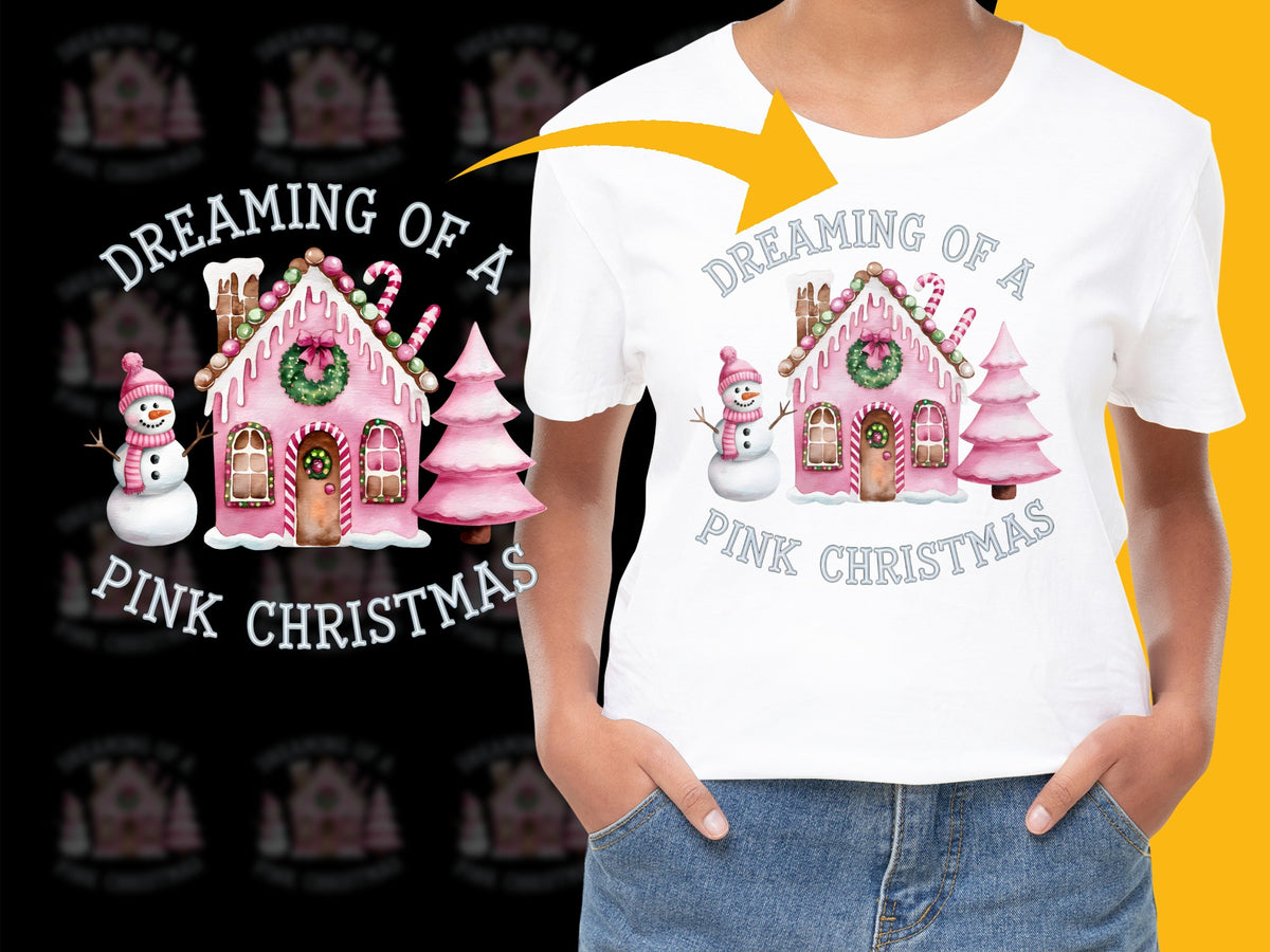 Dreaming of a Pink Christmas T-Shirt, Cute Holiday Tee, Festive Snowman and Gingerbread House Design
