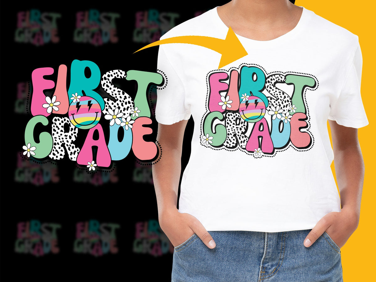 Colorful First Grade T-Shirt, Kids Back to School Shirt, Cute Educational Graphic Tee, Bright Letters, Youth Size Tops