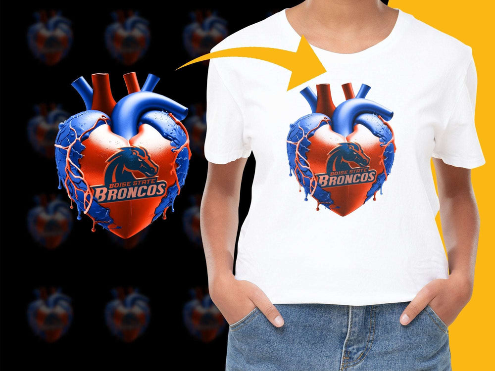 Boise State Broncos Heart Graphic T-Shirt, Bold Blue and Orange Design, Collegiate Apparel, Sports Fan Gift