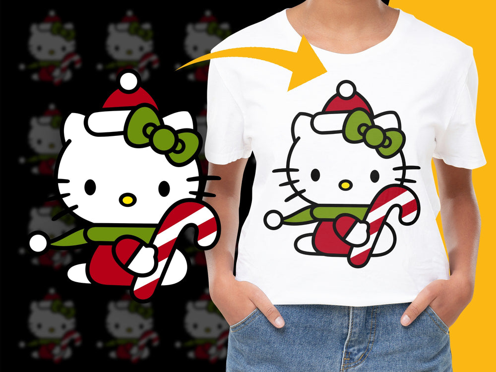 Hello Kitty Christmas T-Shirt, Cute Holiday Tee with Candy Cane, Festive Kids and Adult Sizes Available
