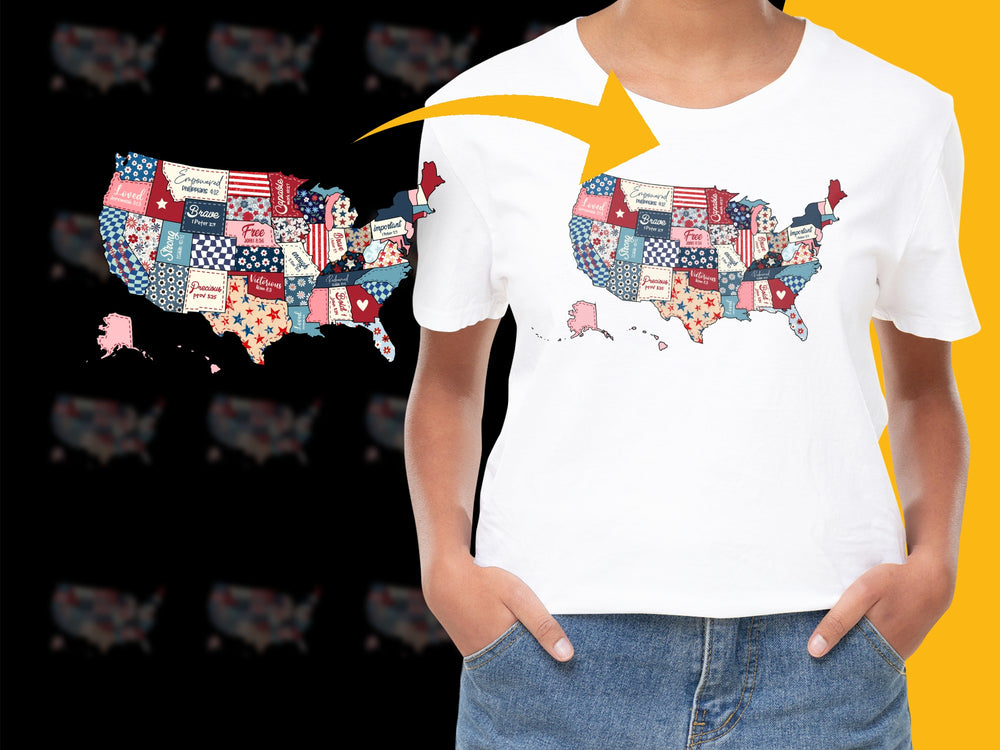 USA Map T-Shirt, Patriotic Quilt Design, Colorful State Patterns, Unisex Fashion Top, Casual Wear, Unique Graphic Tee