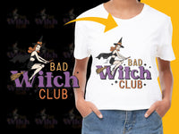 Load image into Gallery viewer, Bad Witch Club Halloween T-Shirt, Funny Witch Graphic Tee, Women&#39;s Halloween Costume Top, Spooky Witch Shirt Design
