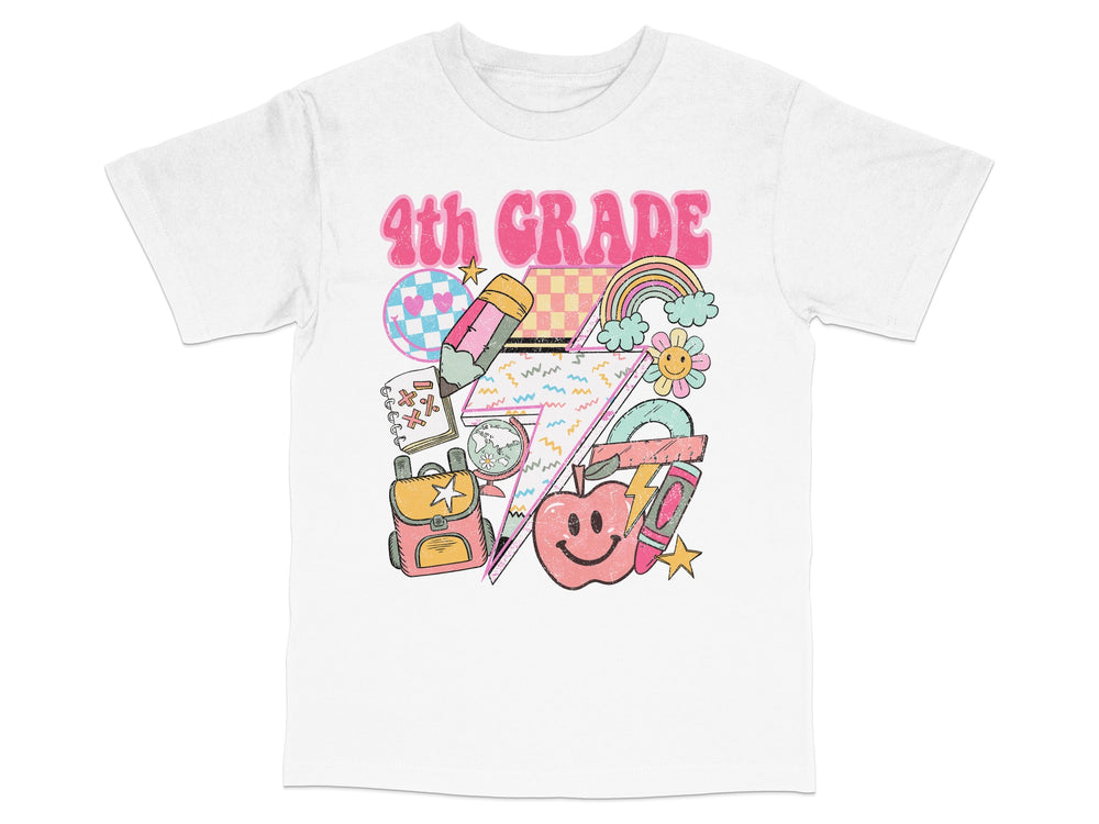 Kids 4th Grade T-Shirt with Colorful School Supplies Graphics, Rainbow and Stars Design, Fun Youth Tee for School