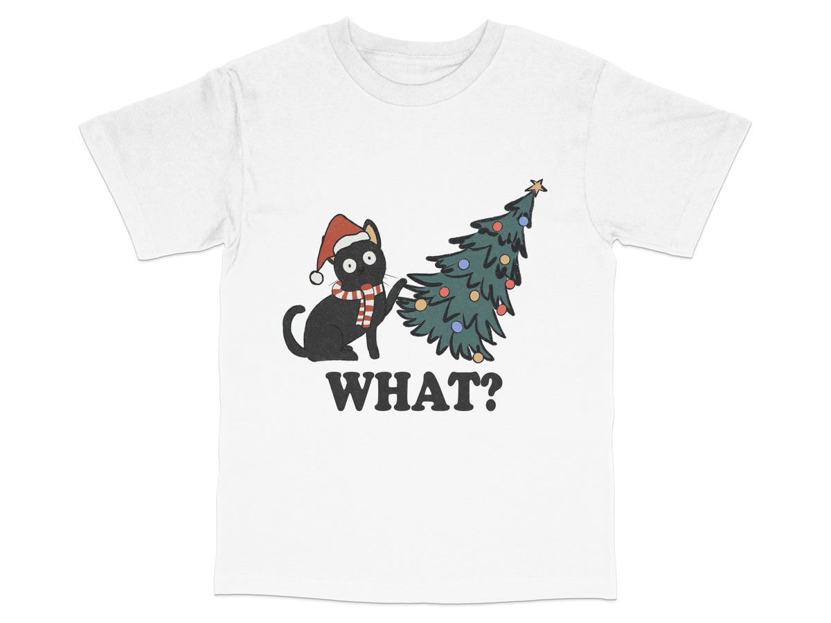 Funny Cat Christmas Tree T-Shirt, Cute Cartoon Cat Holiday Tee, White Unisex Shirt