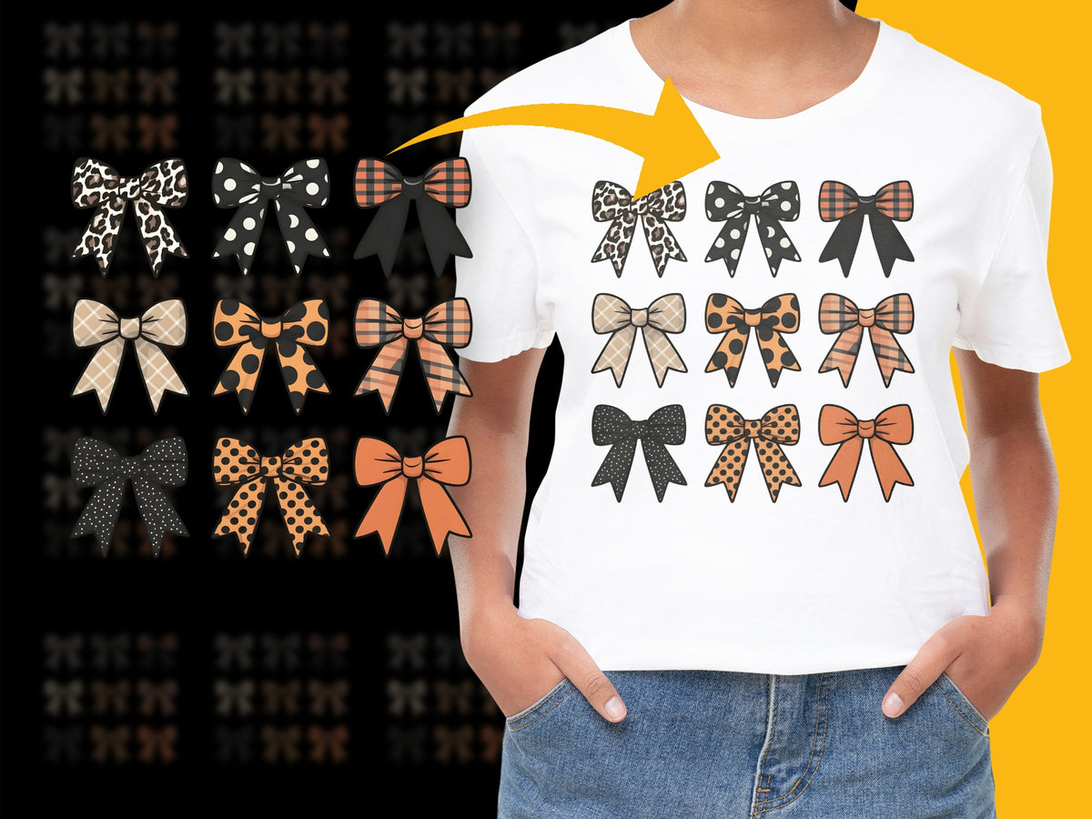 Kid's Graphic T-Shirt with Various Bow Patterns, Cute Black and Orange Bows, Unisex Casual Wear