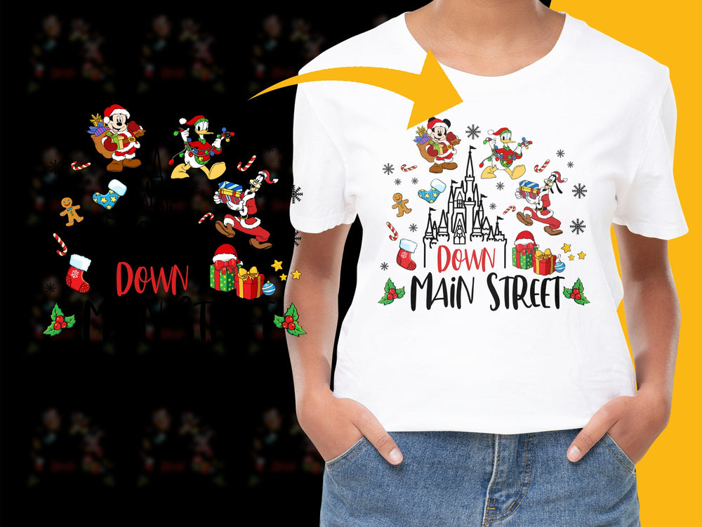 Festive Christmas T-Shirt, Santa Down Main Street Holiday Graphic Tee, Colorful Unisex Holiday Apparel for All Ages