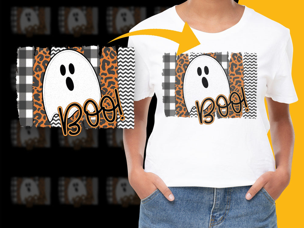 Halloween Ghost Boo T-Shirt, Spooky Fun Plaid Leopard Print, Casual Fall Fashion, Unisex Graphic Tee