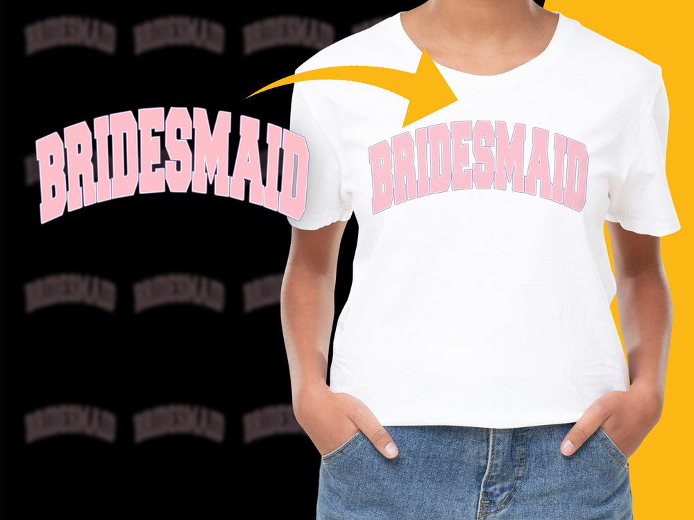 Bridesmaid T-Shirt, Pink Text, Women's Wedding Party Tee, Casual Summer Style, Crew Neck, Soft Cotton, Gift for Bridal Party