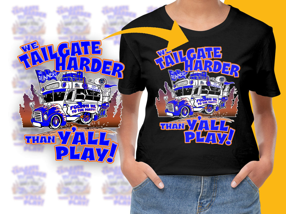 Tailgate Harder Than Y'all Play T-Shirt, Vintage Truck Graphic Tee, Sports Fan Apparel, Casual Summer Top for Men and Women