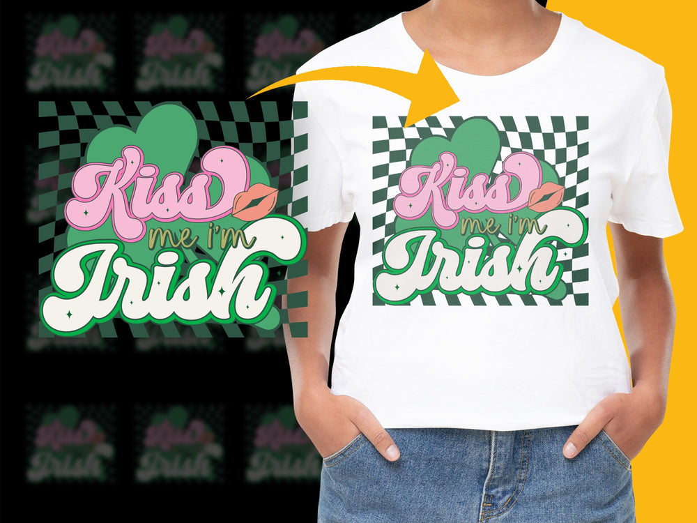 Kiss Me I'm Irish T-Shirt, St. Patrick's Day Graphic Tee, Green and Pink, Checkered Heart Design