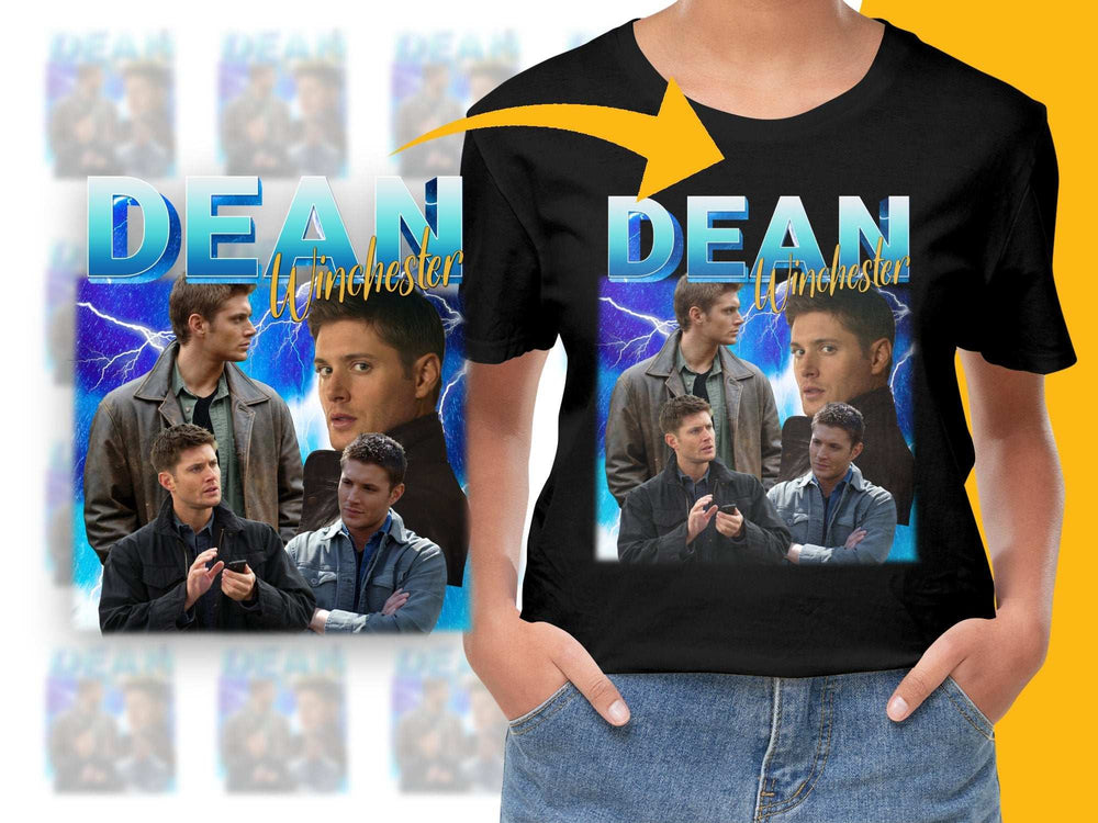 Supernatural Dean Winchester Graphic T-Shirt, Fan Art Tee, Multiple Poses, TV Show Merchandise, Black Cotton Shirt