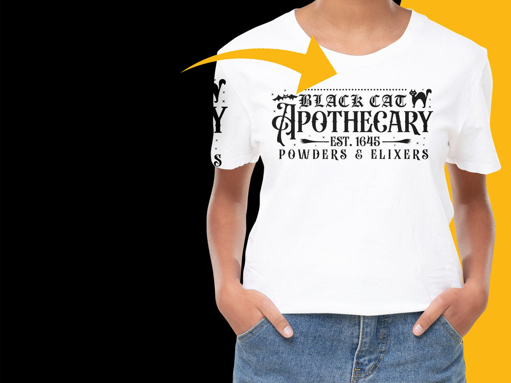Black Cat Apothecary Vintage Style T-Shirt, Gothic Font, Witchy Graphic Tee, Unique Unisex Apparel, Est. 1645 Design