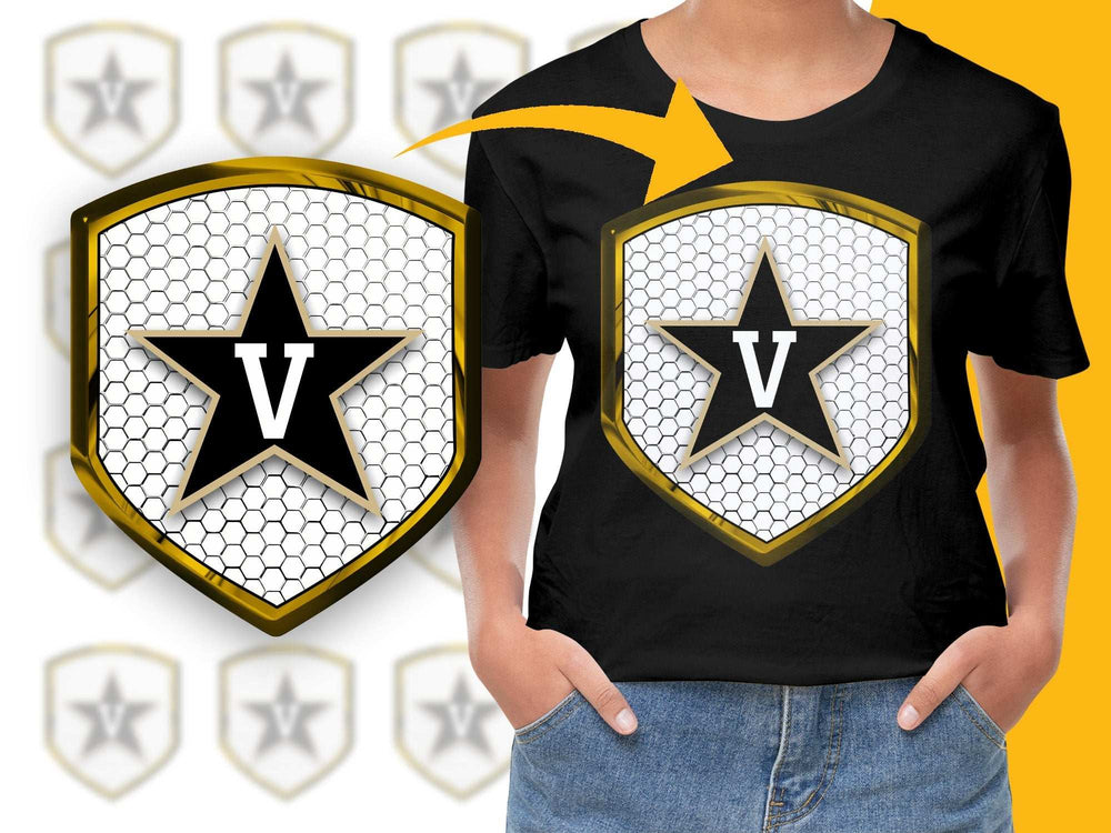 Modern Graphic Tee with Monogram V Star Design, Hexagon Pattern, Black T-Shirt for All Ages