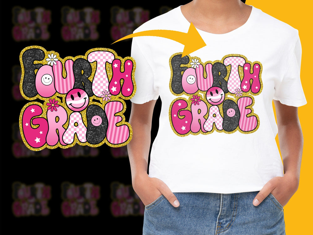 Fourth Grade Cute T-Shirt, Pink Smiley Faces, Kids School Shirt, Fun Graphic Tee for Children