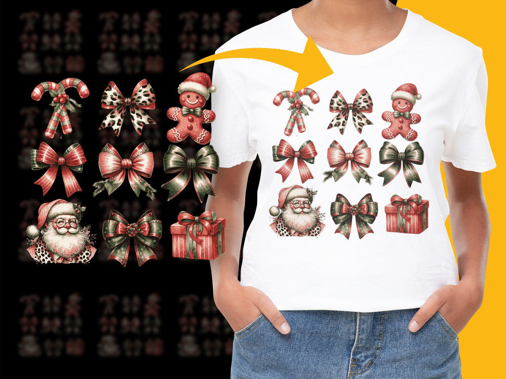 Festive Holiday T-Shirt with Vintage Santa and Christmas Decorations Print, Unisex Gift Idea