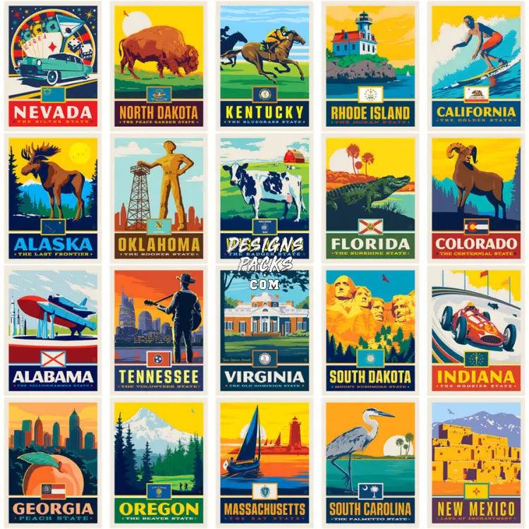 50 Usa Popular States Poster Style Designs Bundle Png