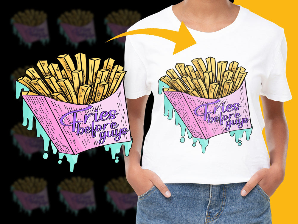 Funny Fries Before Guys T-Shirt, Cool Graphic Tee, Pink Dripping Design, Trendy Food Lover's Casual Apparel