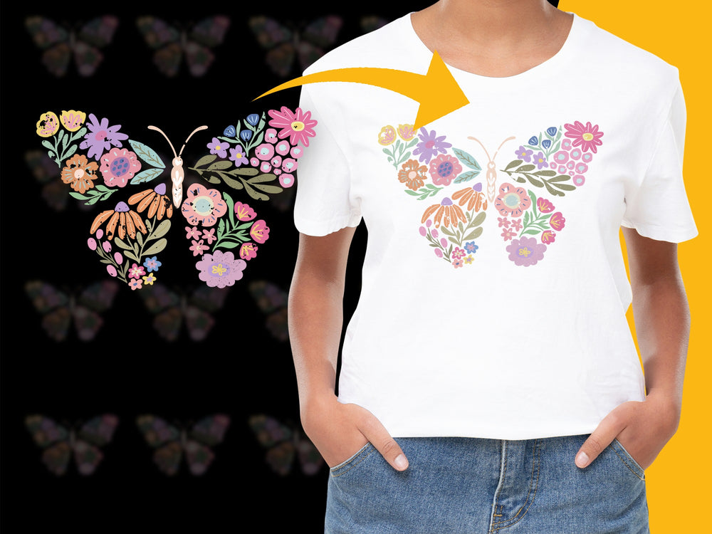 Floral Butterfly Graphic T-Shirt, Colorful Women's Summer Top, Trendy Nature-Inspired Tee Design