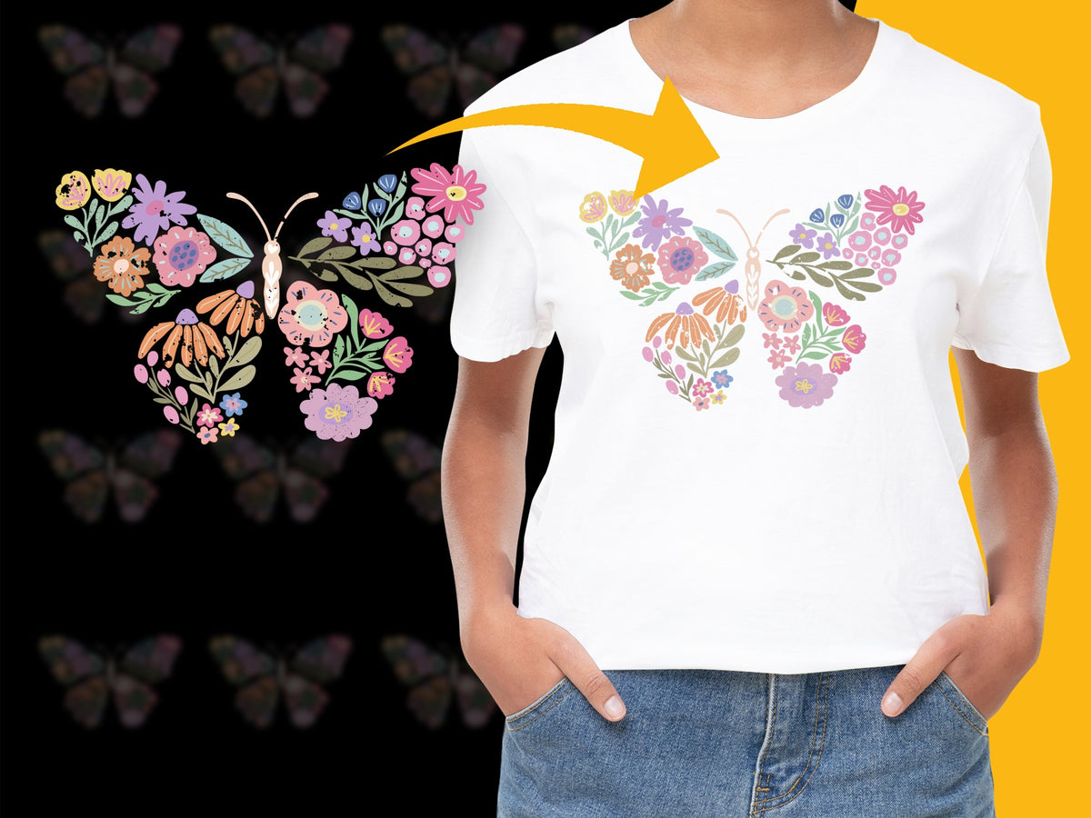Floral Butterfly Graphic T-Shirt, Colorful Women's Summer Top, Trendy Nature-Inspired Tee Design