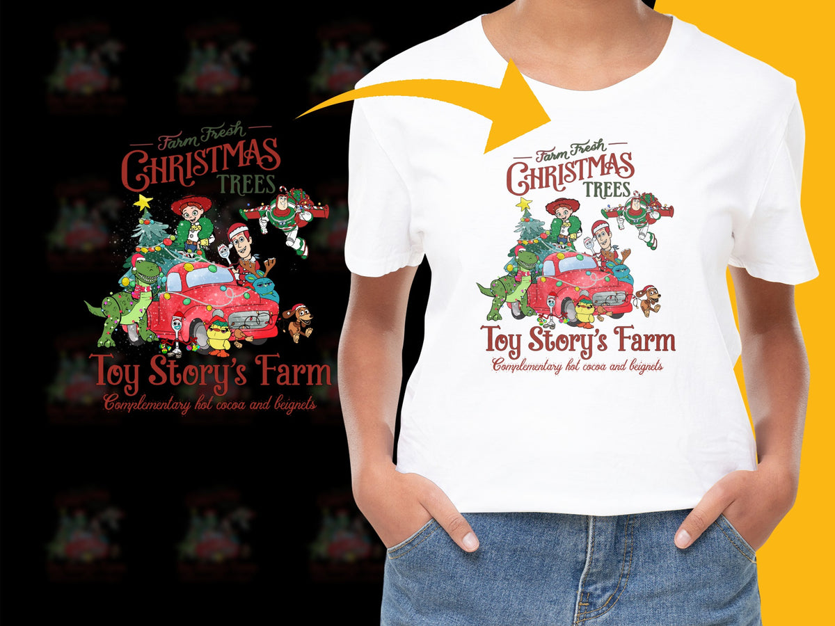 Kids Christmas T-Shirt, Toy Story's Farm Graphic Tee, Holiday Tree Design, Festive Family Apparel