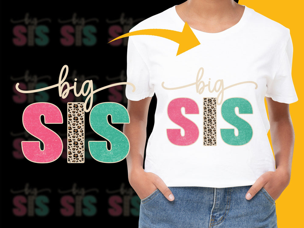 Big Sis Leopard Print T-Shirt, Colorful Sister Announcement Tee, Cute Family Reveal Shirt, Gift for Sister