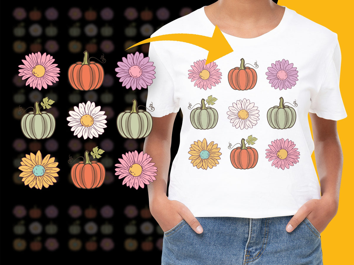 Floral Pumpkin T-Shirt, Autumn Flowers and Pumpkins Tee, Fall Season Casual Wear Cotton Shirt for Women and Men
