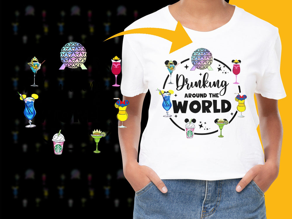 Drinking Around the World T-Shirt, Colorful Cocktail Graphics, Travel Theme Party Apparel