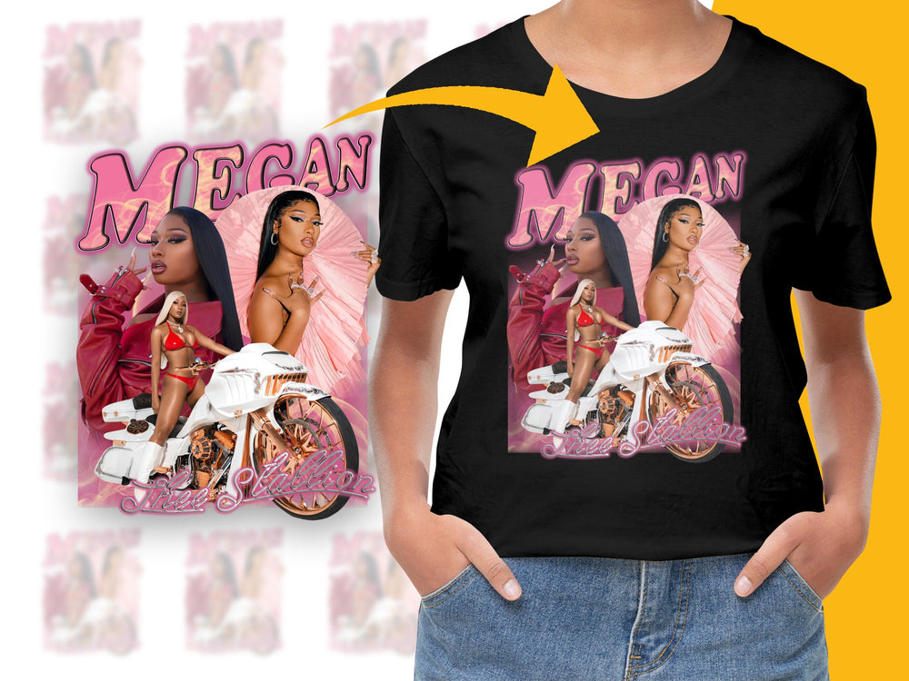 Megan Graphic T-Shirt, Stylish Pink Motorcycle Print, Trendy Women's Fashion Tee, Casual Streetwear Top, Gift for Her