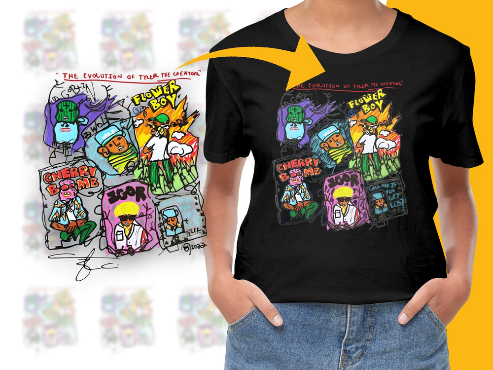 Colorful Evolution of Music T-Shirt, Unique Cartoon Character Design, Trendy Graphic Tee