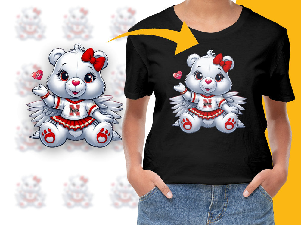 Cute Angel Bear T-Shirt, Kawaii Gothic Teddy, Red and White Heart Design, Unisex Kids' Graphic Tee