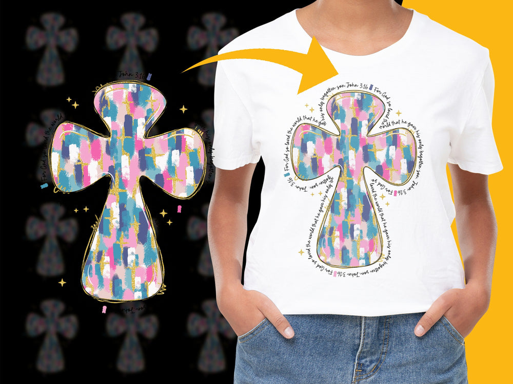 Colorful Abstract Cross Print T-Shirt, Stylish Graphic Tee, Trendy Women's Fashion Top, Casual Wear