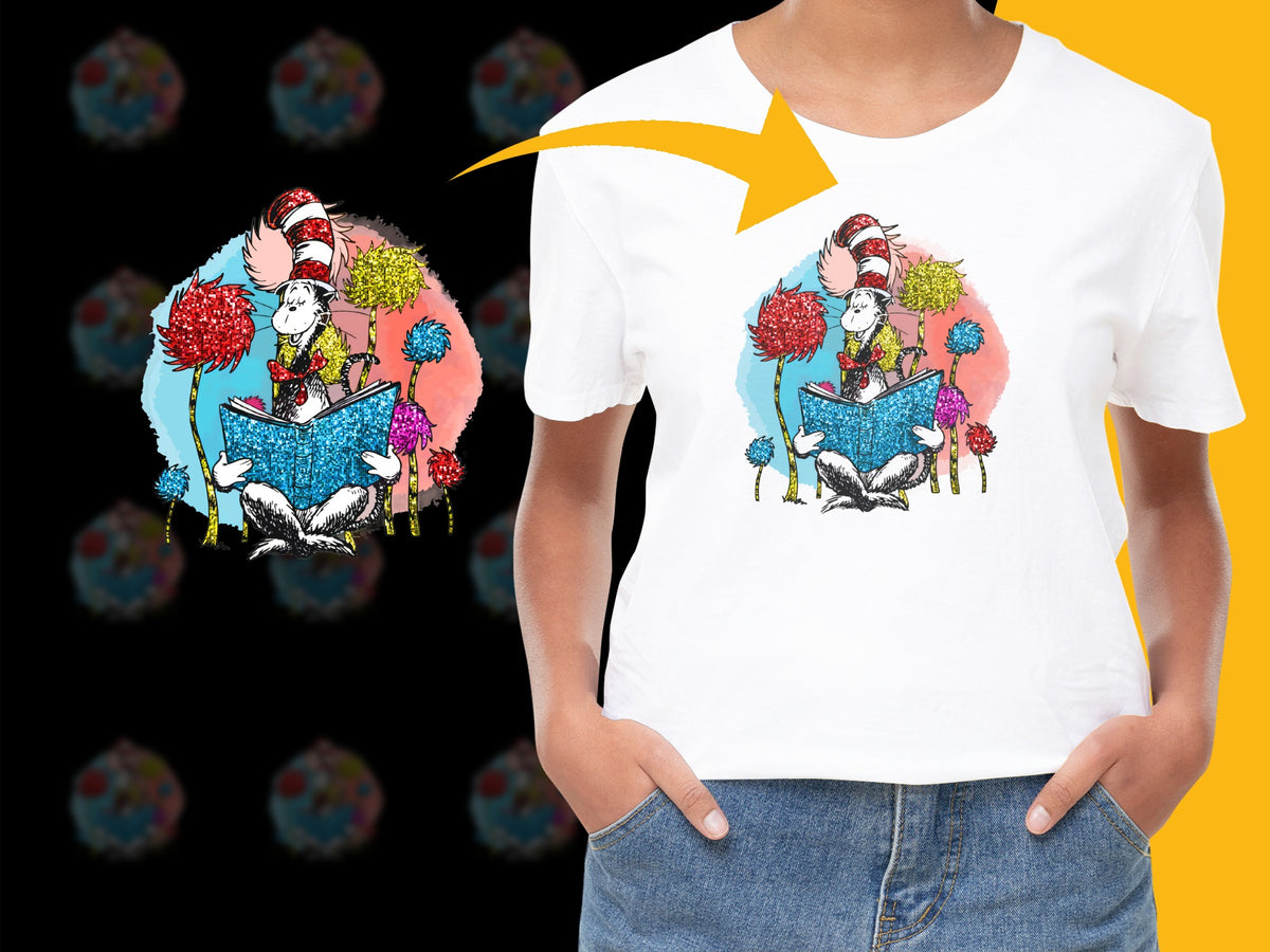 Whimsical Cat Reading Book T-Shirt, Colorful Pom Poms Graphic Tee, Fun Casual Outfit for Book Lovers and Cat Enthusiasts