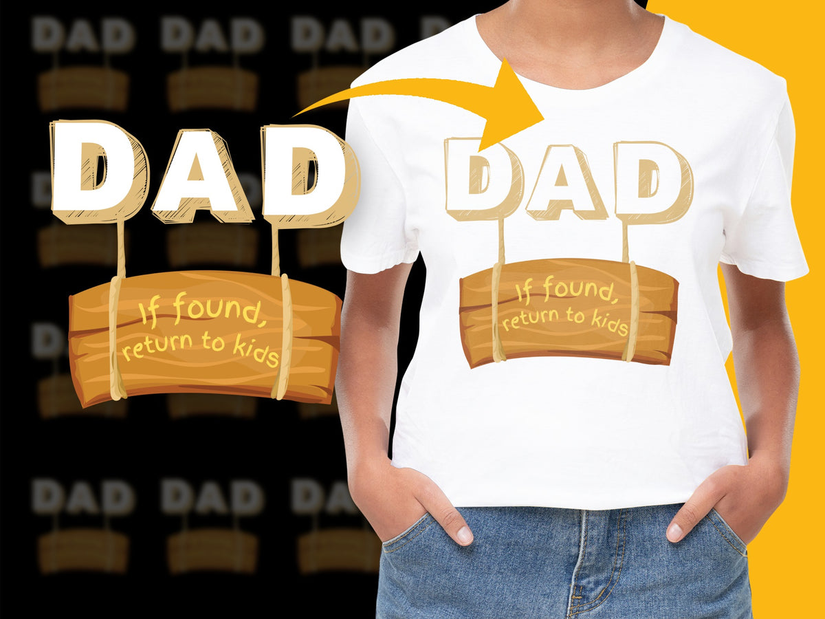 Funny Dad T-Shirt, If Found Return to Kids, Father's Day Gift, Novelty Dad Shirt, White Tee with Gold Text, Parenting Humor Top